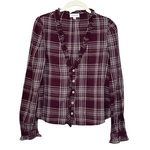 Evereve Shirt Womens Small Burgundy Plaid Ruffle Trim Button Front Long Sleeve